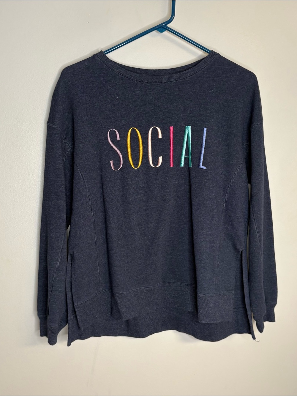 Wildfox Navy Crewneck with Multicolor SOCIAL Embroidery